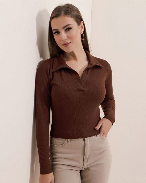 Casual Polyester Blend Ribbed Collar V-Neck & Regular Long Sleeves Stylish Coffee Top