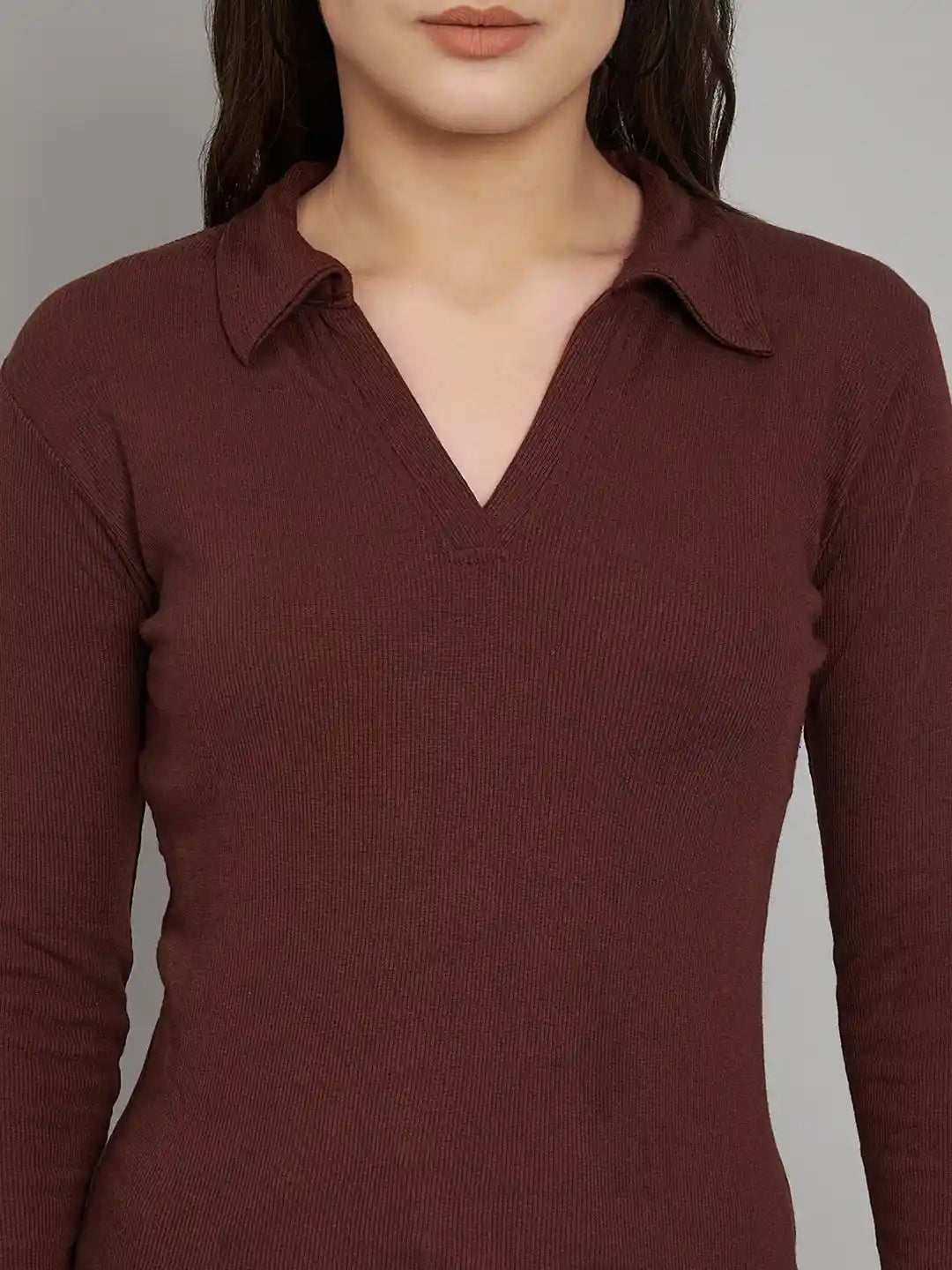 Casual Polyester Blend Ribbed Collar V-Neck & Regular Long Sleeves Stylish Coffee Top