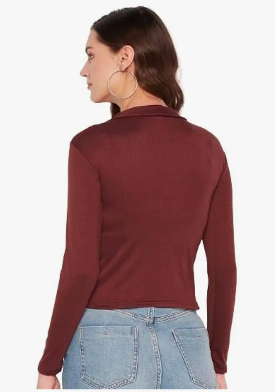 Casual Polyester Blend Ribbed Collar V-Neck & Regular Long Sleeves Stylish Coffee Top