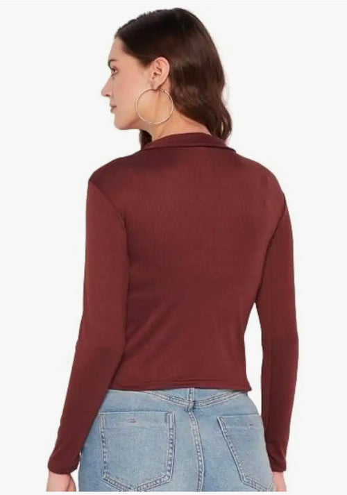 Casual Polyester Blend Ribbed Collar V-Neck & Regular Long Sleeves Stylish Coffee Top