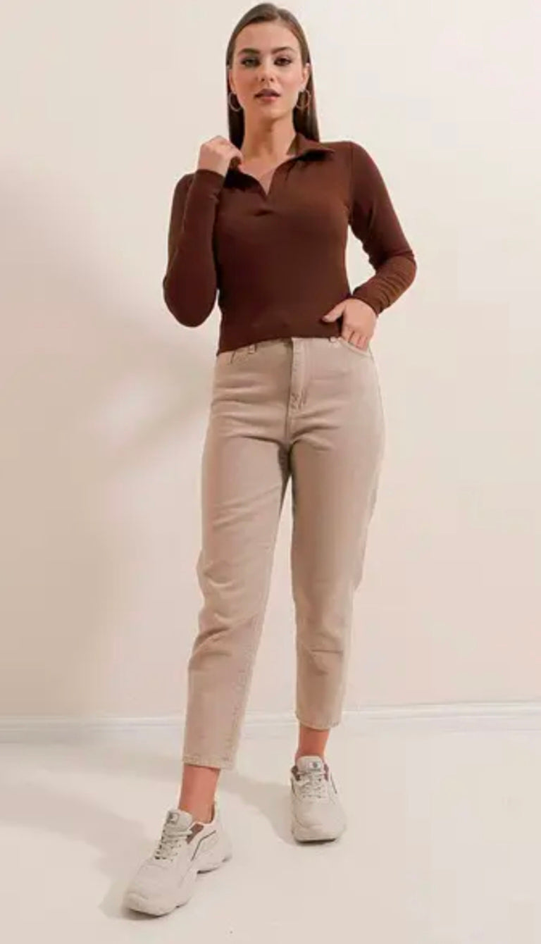 Casual Polyester Blend Ribbed Collar V-Neck & Regular Long Sleeves Stylish Coffee Top